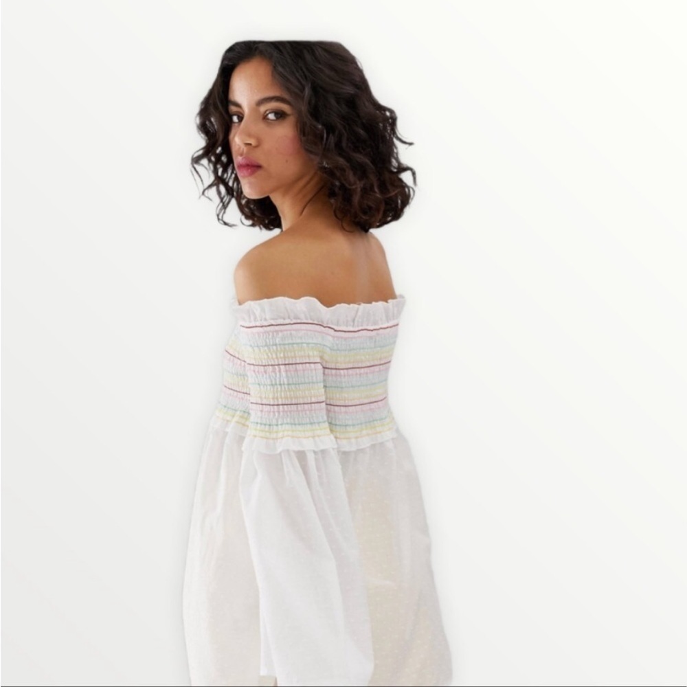FARM Rio Smocked Off-Shoulder White Dress with Pastel Stripes - Picture 7 of 12